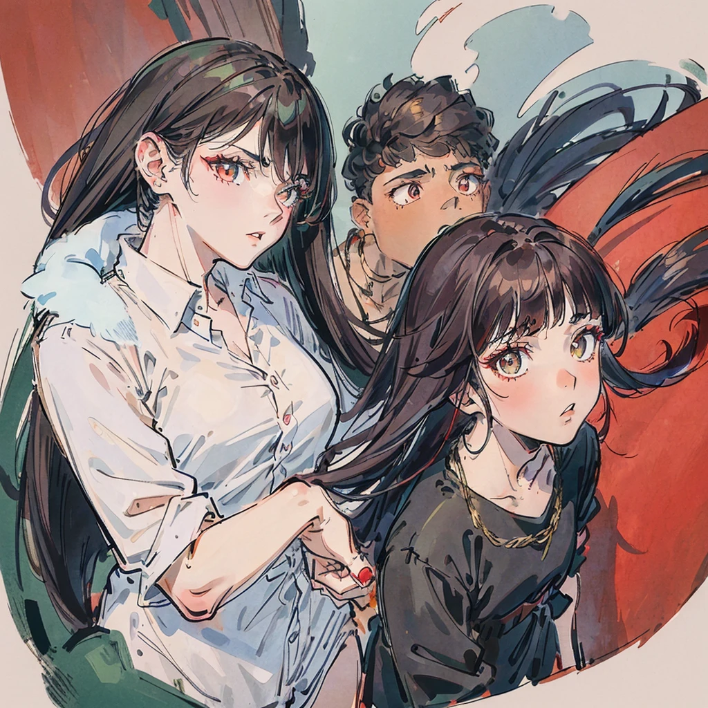  A boy with black hair and red locks in a mafia suit, a gun, brown eyes and white skin.
Next to the boy, a girl with dark brown hair (too much), green eyes and white skin, blue locks, matching black blouse and shorts, loose hair, not too short and bangs and holding a bat