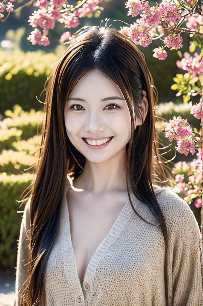 Minami Hamabe,(highest quality,16k,High resolution:1.2),Dark brown long hair,Girls in their 20s,Very detailed,One Girl,A beautiful 26 year old woman,(Minami Hamabe:1.3),(smile),garden,(high quality,ultra detailed,best quality,masterpice,4k,taken by nikon d750:1.0)