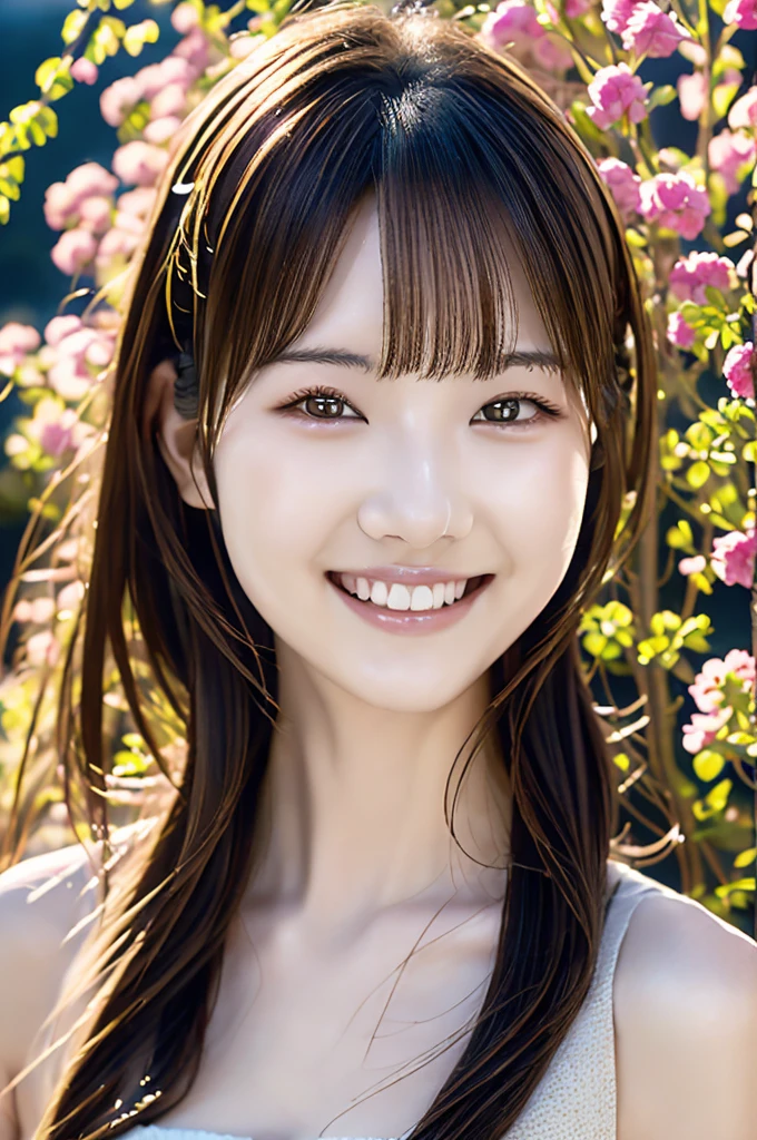 Minami Hamabe,(highest quality,16k,High resolution:1.2),Dark brown long hair,Girls in their 20s,Very detailed,One Girl,A beautiful 26 year old woman,(Minami Hamabe:1.3),(smile),garden,(high quality,ultra detailed,best quality,masterpice,4k,taken by nikon d750:1.0)