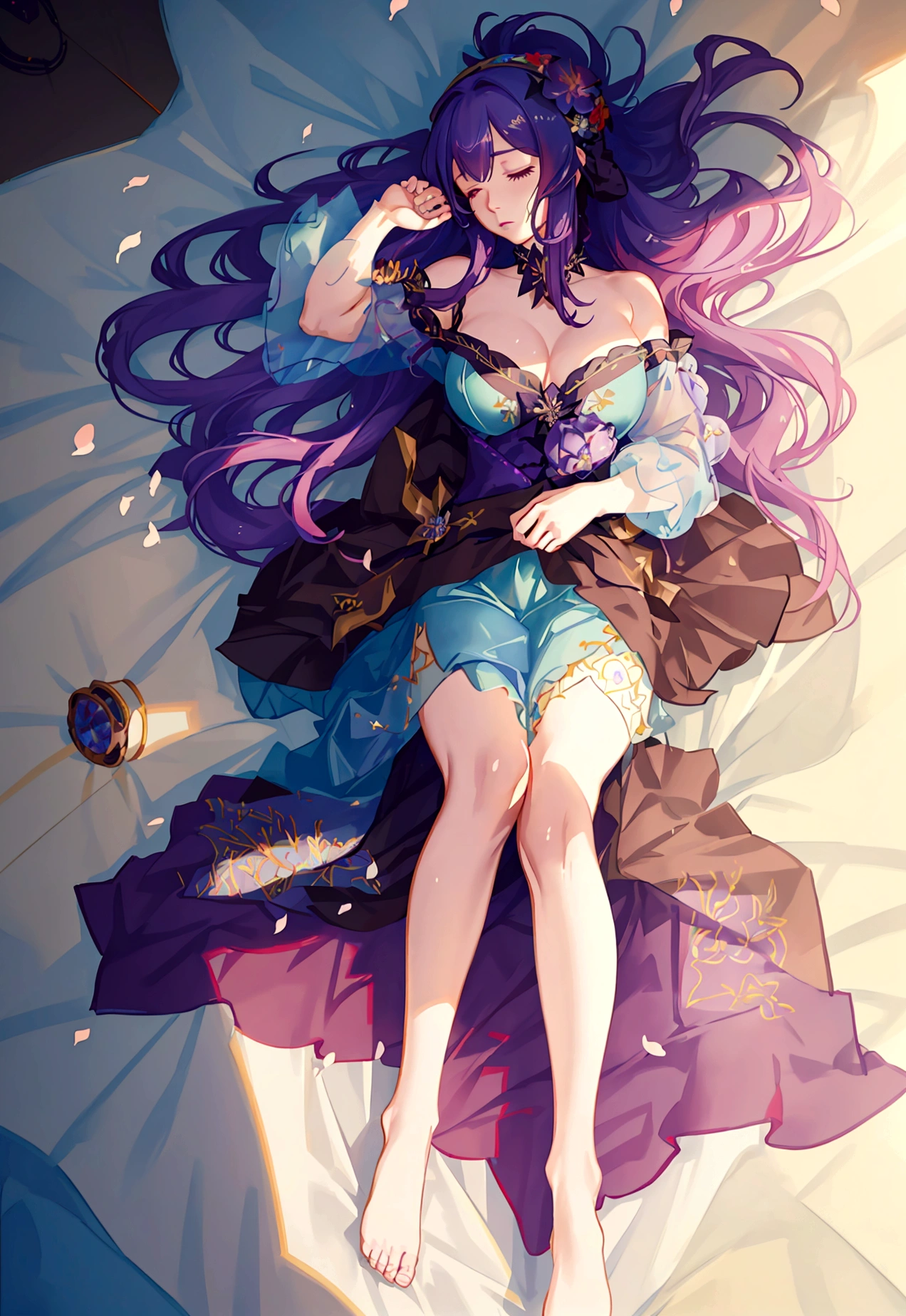 A beautiful anime girl with very long dark purple hair, a flower hair accessory, waking up in the morning, looking sleepy with half-closed eyes, extremely detailed, (best quality,4k,8k,highres,masterpiece:1.2),ultra-detailed,(realistic,photorealistic,photo-realistic:1.37),HDR,UHD,studio lighting,ultra-fine painting,sharp focus,physically-based rendering,extreme detail description,professional,vivid colors,bokeh,intricate details,delicate features,soft lighting,pastel colors,dreamy atmosphere,peaceful,sleeping beauty,graceful,elegant