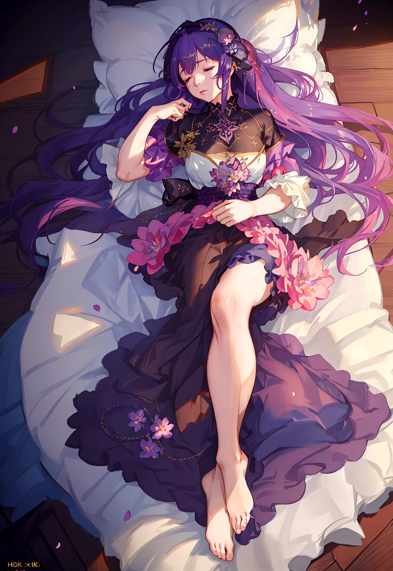 A beautiful anime girl with very long dark purple hair, a flower hair accessory, waking up in the morning, looking sleepy with half-closed eyes, extremely detailed, (best quality,4k,8k,highres,masterpiece:1.2),ultra-detailed,(realistic,photorealistic,photo-realistic:1.37),HDR,UHD,studio lighting,ultra-fine painting,sharp focus,physically-based rendering,extreme detail description,professional,vivid colors,bokeh,intricate details,delicate features,soft lighting,pastel colors,dreamy atmosphere,peaceful,sleeping beauty,graceful,elegant