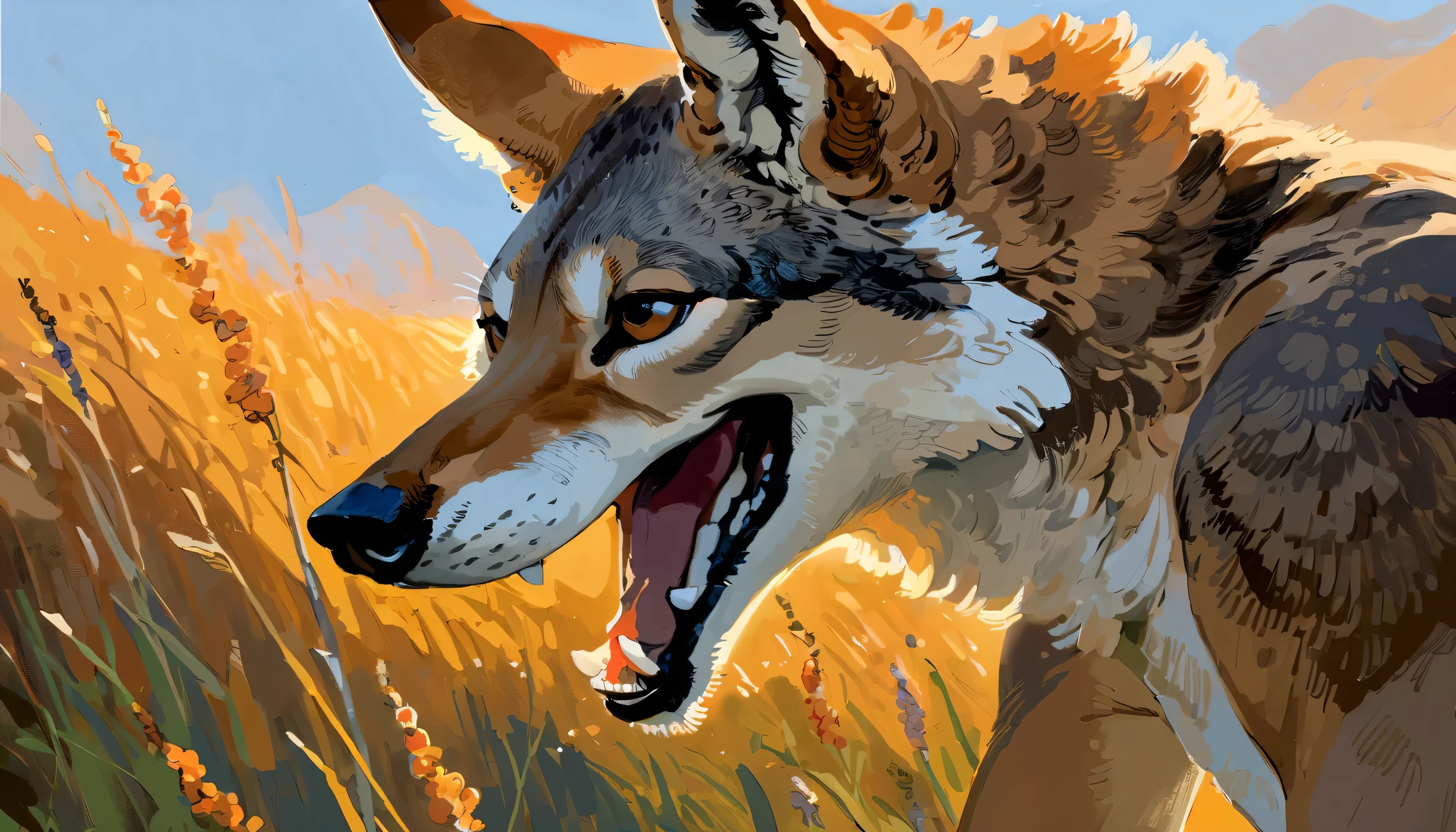 solo, male, anthro, (Coyote), by seyorrol, digital artwork, ((detailed background)), intricate detailed grassland background, powerful silhouette, mysterious shadows, realistic shading, (epic, masterpiece, high quality, 8k, ultra HD, absurd res, top quality, best quality, max quality, masterpiece), ((sexy, ((feminine face)))), dusk, cloudy sky, realistic fur, centered, center frame, (perfect eyes, detailed eyes), ((extreme headshot closeup)), laughing, skinny, droopy eyes,