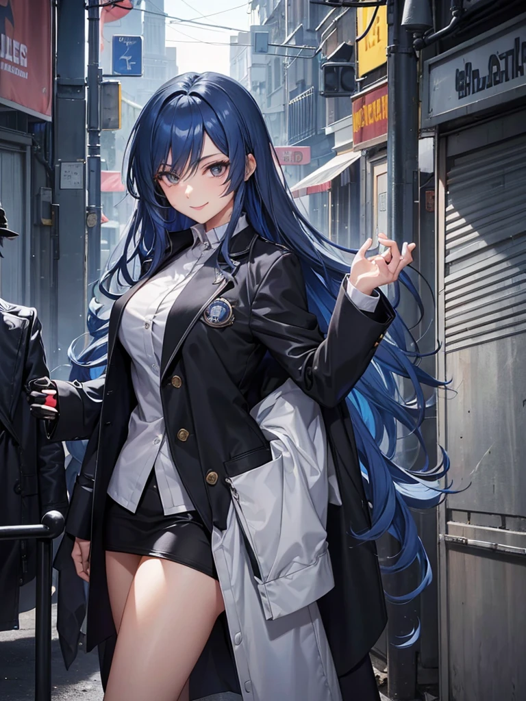 woman, long curry wavy steel blue hair, dark gray black eyes, independent woman, kind smile. mature woman. mafia. wear jacket. girl boss. doctor.
