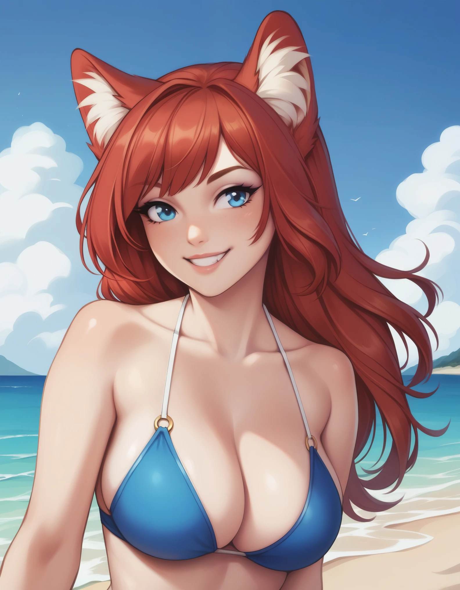 score_9, score_8_up, score_7_up, 1girl, source_anime, bikini, large breasts, red hair, blue eyes, fox ears, long hair, upper body, beach, smile,