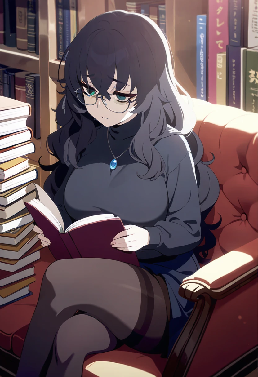 1 girl, (masterpiece), best quality, expressive eyes, perfect face, adult, black hair, long hair, wavy hair, dark blue eyes, chubby, black pantyhose, bags under eyes, formy black shirt, falda gris larga hasta las rodillas, serious face, gray slippers, in a library, glasses, blue gem necklace, sitting, crossed legs, reading a book