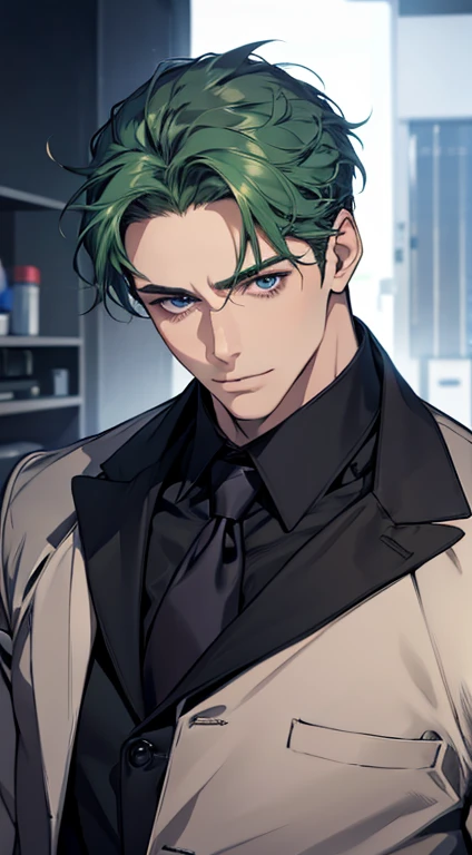 (best quality,4k,8k,highres,masterpiece:1.2),ultra-detailed,(realistic,photorealistic,photo-realistic:1.37),1 man,31 years old,mature man,very handsome,without expression,smile,short green hair,blue eyes,penetrating gaze,perfect face without errors,imposing posture,businessman,office background,cinematic lighting,hdr image