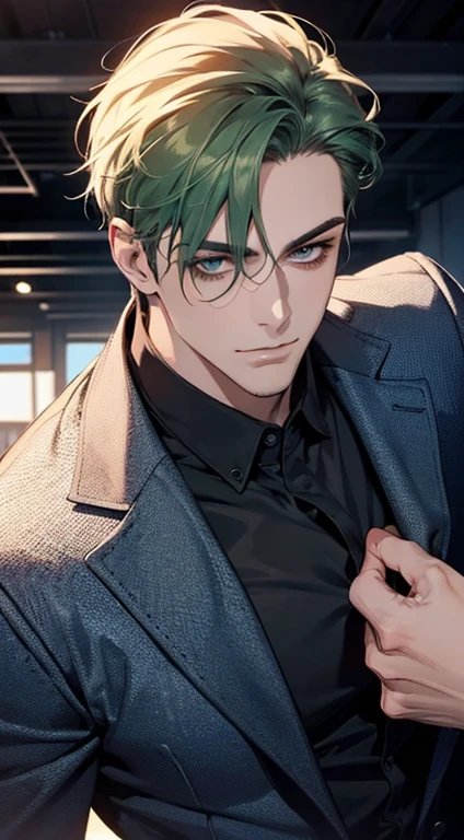 (best quality,4k,8k,highres,masterpiece:1.2),ultra-detailed,(realistic,photorealistic,photo-realistic:1.37),1 man,31 years old,mature man,very handsome,without expression,smile,short green hair,blue eyes,penetrating gaze,perfect face without errors,imposing posture,businessman,office background,cinematic lighting,hdr image