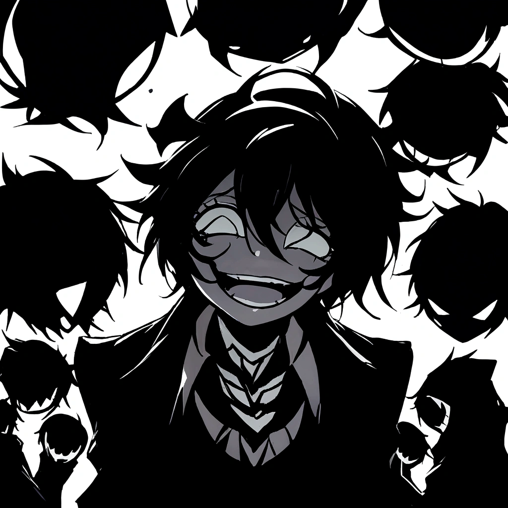 detailed dark shadowy figure, creepy smiling face, unnatural smile, unsettling atmosphere, haunting presence, sinister expression, ominous aura, macabre ambience, dark fantasy, gloomy lighting, moody colors, chiaroscuro, (best quality,4k,8k,highres,masterpiece:1.2),ultra-detailed,(realistic,photorealistic,photo-realistic:1.37),dark surrealism,horror,cinematic