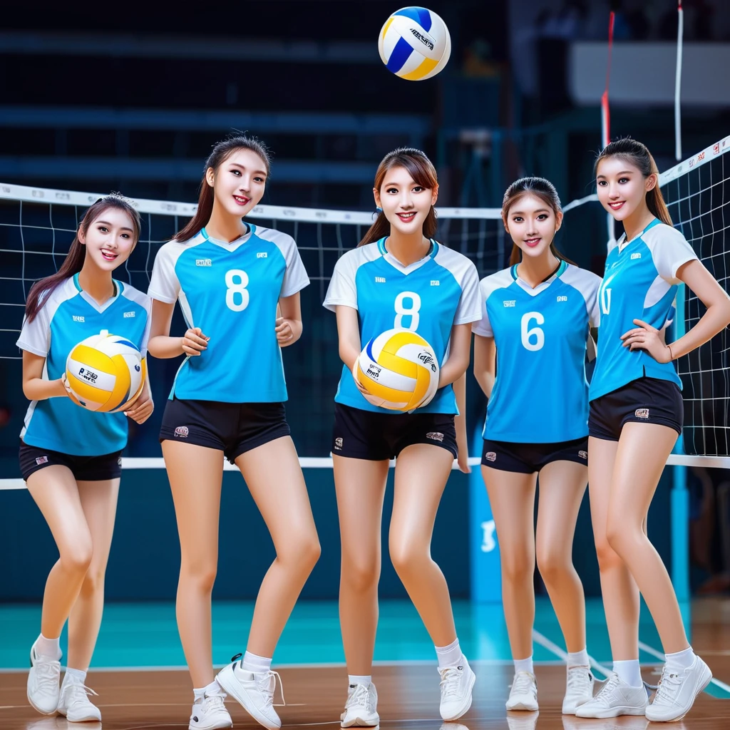 Highest quality、Highest quality、Six girls playing volleyball、cute、Each one moves differently、background through