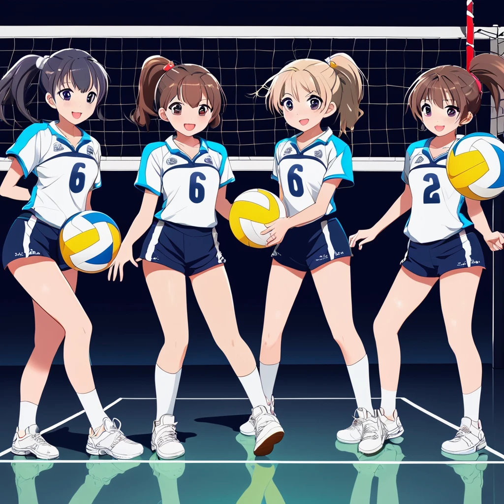 Highest quality、Highest quality、Six girls playing volleyball、cute、Each one moves differently、background through