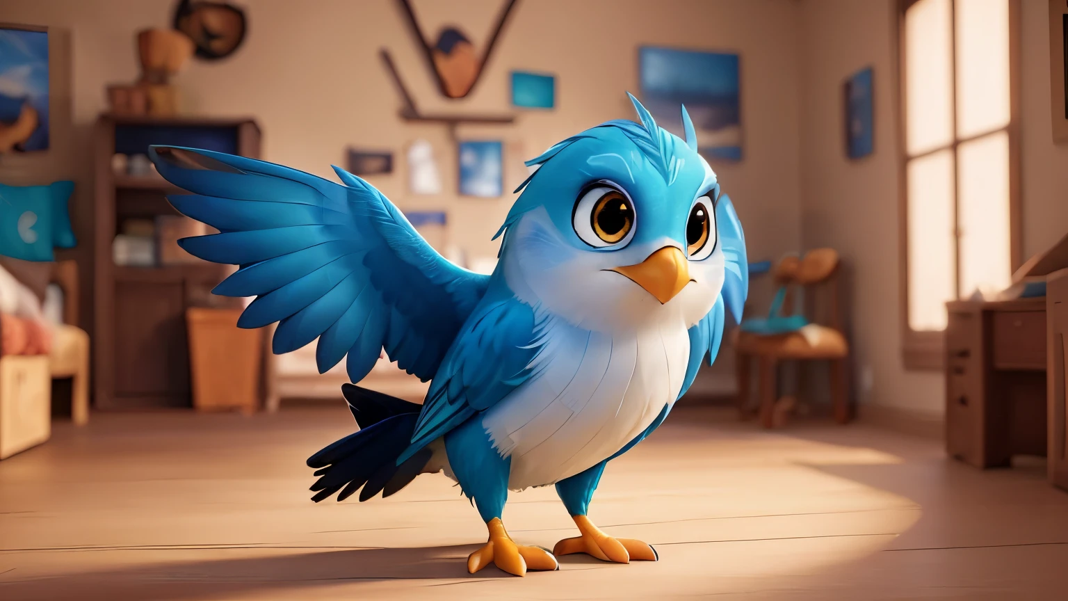 a cute disney-style cartoon bird, detailed feathers, intricate wing design, expressive eyes, beautiful vibrant colors, detailed texture, dynamic flying pose, seamless 3d animation, lively and energetic, cinematic lighting, highly detailed and realistic, award-winning digital art, masterpiece, (best quality,4k,8k,highres,masterpiece:1.2),ultra-detailed,(realistic,photorealistic,photo-realistic:1.37)