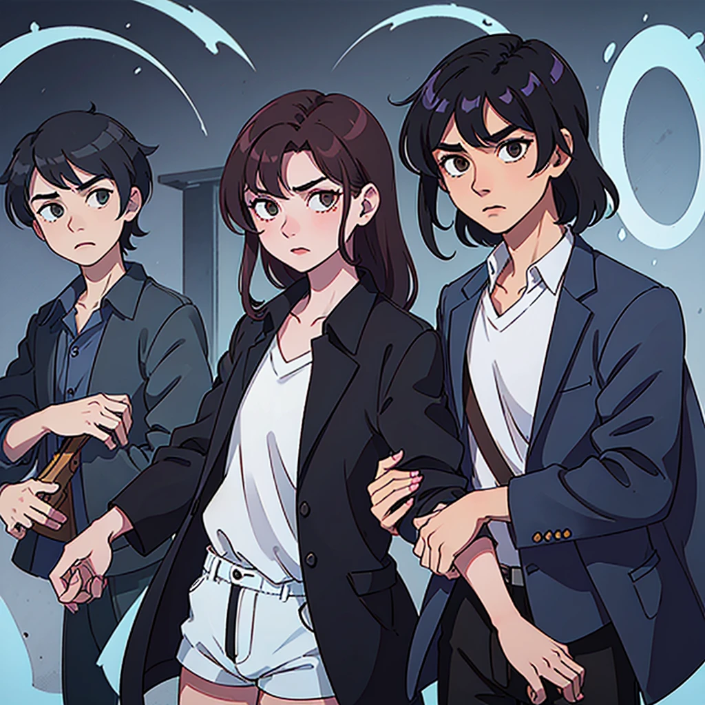 A boy with black hair and red locks in a mafia suit, a gun, brown eyes and white skin.
Next to the boy, a girl with dark brown hair (too much), green eyes and white skin, blue locks, matching black blouse and shorts, loose hair, not too short and bangs and holding a bat