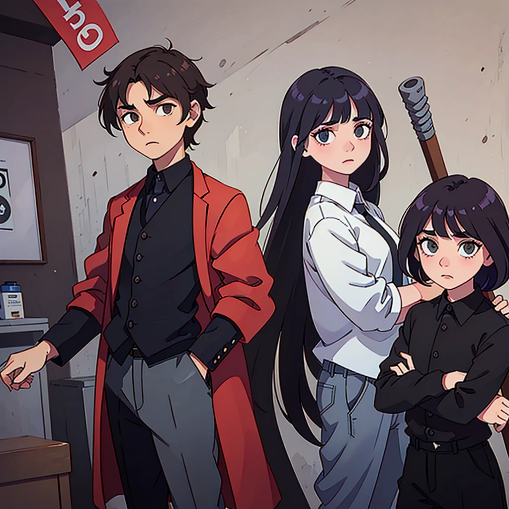 A boy with black hair and red locks in a mafia suit, a gun, brown eyes and white skin.
Next to the boy, a girl with dark brown hair (too much), green eyes and white skin, blue locks, matching black blouse and shorts, loose hair, not too short and bangs and holding a bat