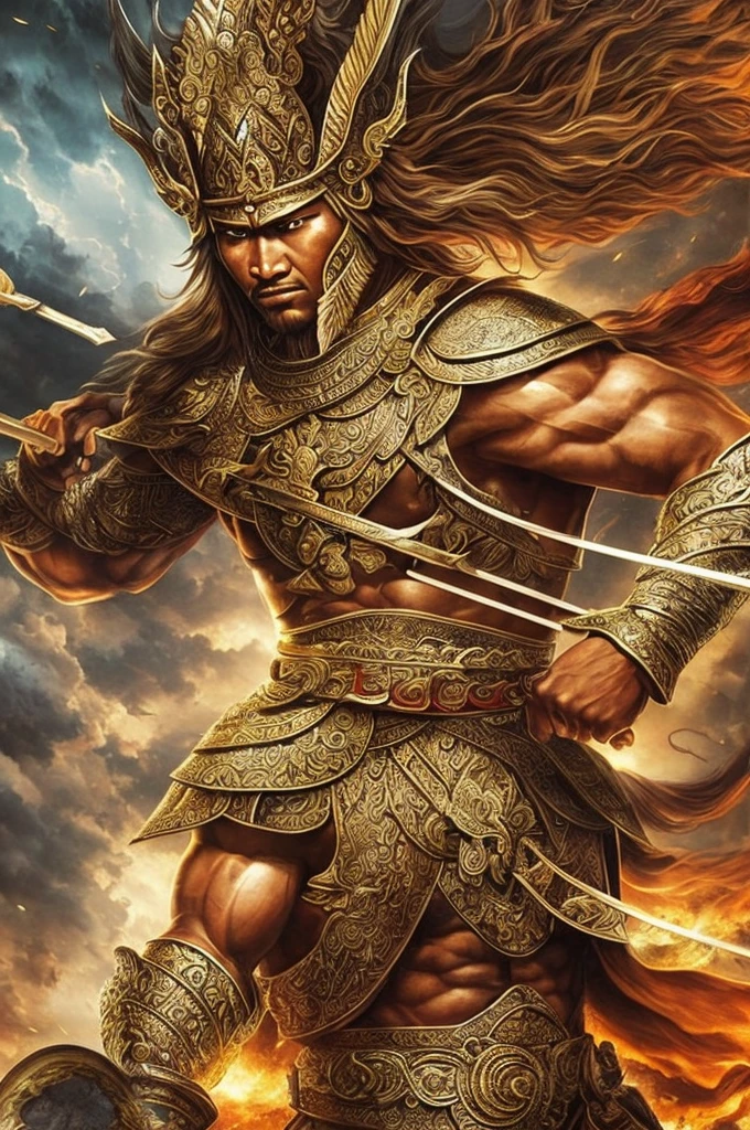 ((best quality)), ((masterpiece)), (detailed), create very detailed images of A powerful warrior in Javanese mythology, associated with thunder and lightning, and renowned for his strength and bravery. He is often depicted as a fierce warrior who defends people from danger, and his stories are full of epic battles and heroic feats.