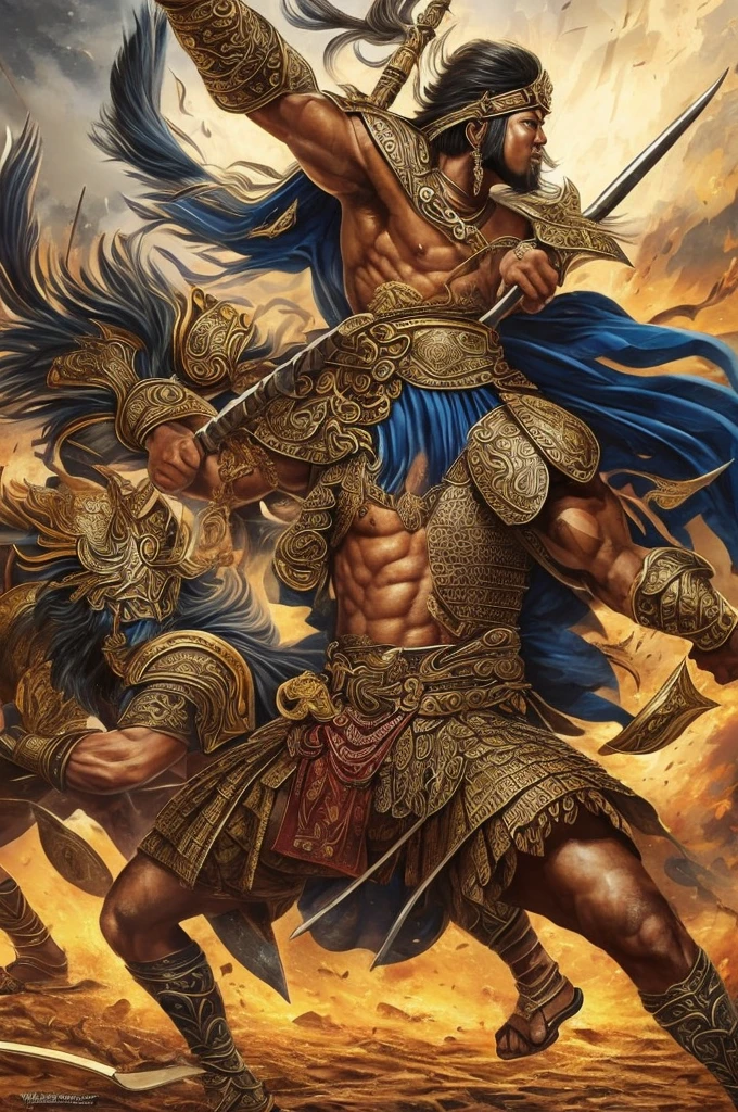 ((best quality)), ((masterpiece)), (detailed), create very detailed images of A powerful warrior in Javanese mythology, associated with thunder and lightning, and renowned for his strength and bravery. He is often depicted as a fierce warrior who defends people from danger, and his stories are full of epic battles and heroic feats.
