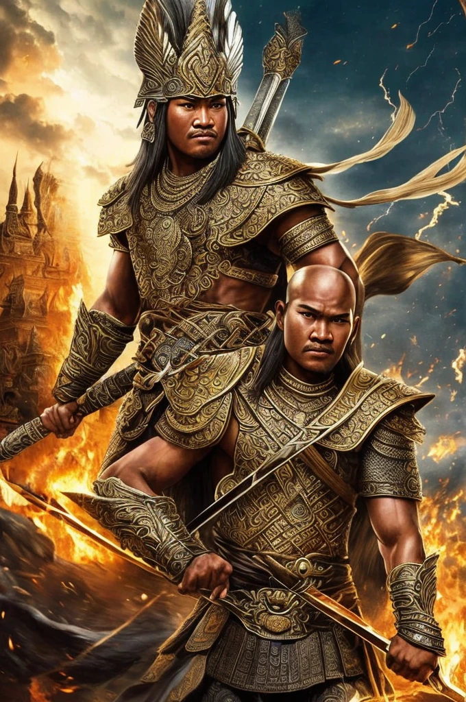 ((best quality)), ((masterpiece)), (detailed), create very detailed images of A powerful warrior in Javanese mythology, associated with thunder and lightning, and renowned for his strength and bravery. He is often depicted as a fierce warrior who defends people from danger, and his stories are full of epic battles and heroic feats.