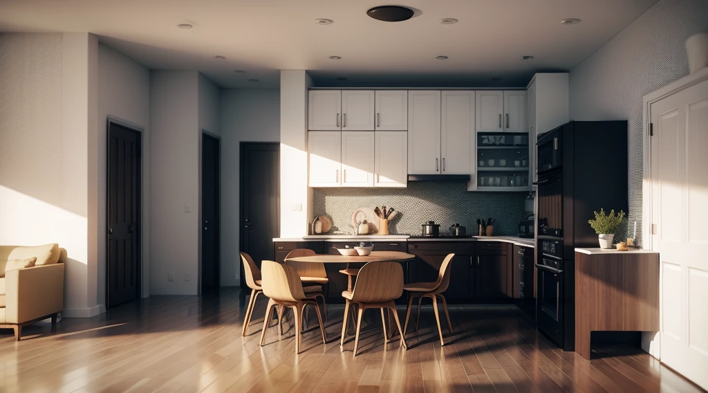 Simple kitchen with several shelves to place plates and glasses, yellow chair, dark wood doors, white kitchen cabinet up to ceiling, , some plant and flowers, octane render 3D