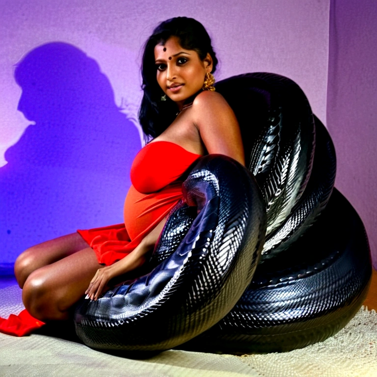 Pregnant  topless panties Happy Horny, aroused 1girl), beautiful kneeling indian  girl  with  giant black Titanboa squeezing her hard, wrapped in thick spiraling coils, constricted, struggle, gasping for air, snake attack, snake peril, moonless night, dim light