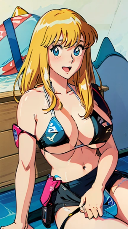 Reiko_iwife,
One girl,
Blonde, Long Hair, (Huge saggy breasts), (Beautiful Nudes), Cleavage, (Upper Body, Sitting),
(Perfectly detailed anatomy, Perfect Arms, Perfect Fingers, Beautiful Face, Perfect body, Shiny skin),
Swimming in the sea,Immersed in water,
Holding a translucent ball,
(Blue triangle bikini:2.0),
(Black waist pouch:2.0),
Rose Hair Accessories,
Underwater goggles,
expression(smile), (blush),
Eyes Wide Open,Open Mouth,
Anime cel style,
masterpiece,
Highest quality,
High resolution,
Anime Color,
Megami Magazine:1.2,
Anime poster style,
Anime key visual,
sharp,
8K,
Realistic,
(Beautiful Eyes:1.5),