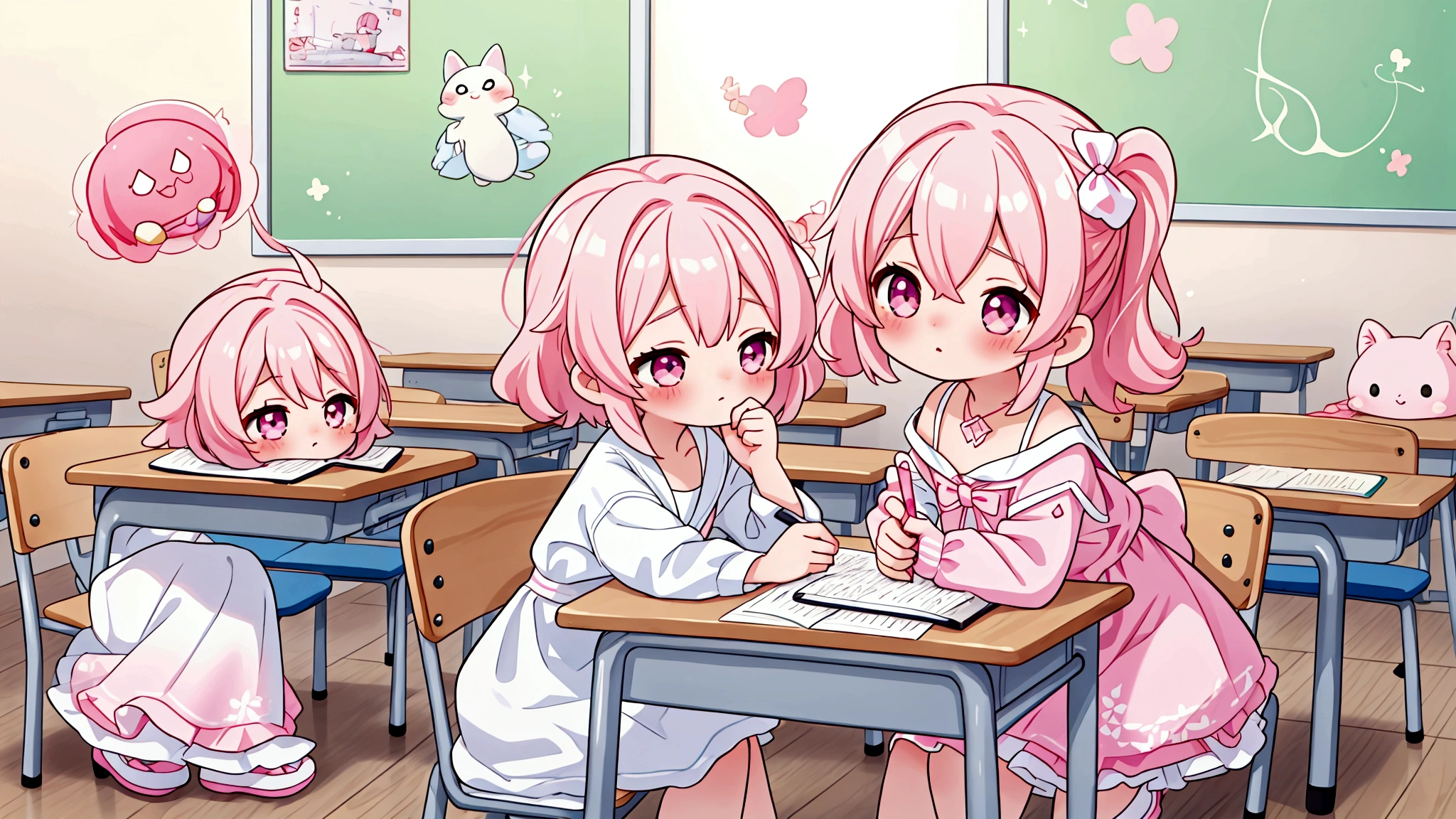 background: Soft pastel colours as the base、backgroundは無地で キャラクター: A girl with pink hair wearing a white dress、They seem to be having fun in the classroom and at the cafe.。atmosphere: It&#39;s like a snapshot of youth pursuing love and dreams.、A glittering, sparkling image。