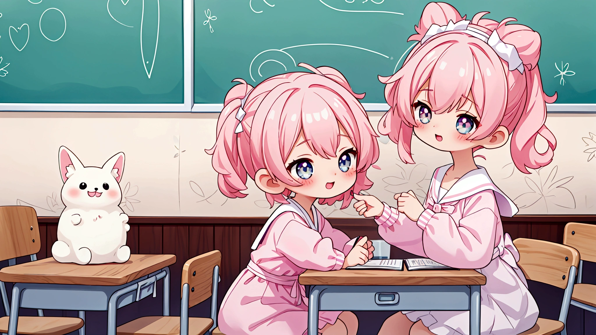 background: Soft pastel colours as the base、backgroundは無地で キャラクター: A girl with pink hair wearing a white dress、They seem to be having fun in the classroom and at the cafe.。atmosphere: It's like a snapshot of youth pursuing love and dreams.、A glittering, sparkling image。