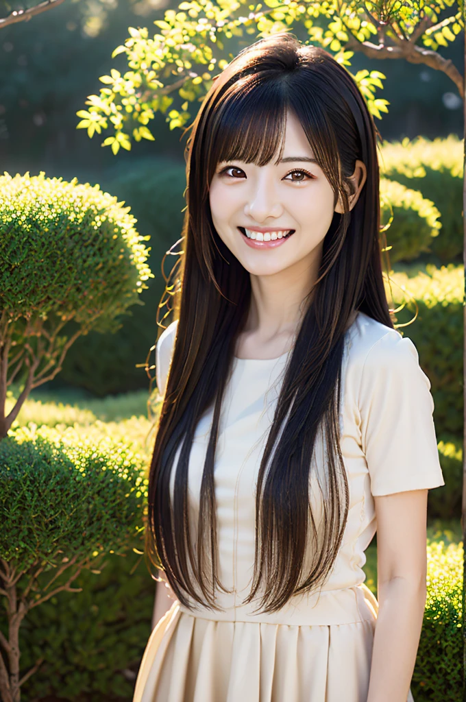Minami Hamabe,(highest quality,16k,High resolution:1.2),Dark brown long hair,Girls in their 20s,Very detailed,One Girl,A beautiful 26 year old woman,(Minami Hamabe:1.3),(smile),garden,(high quality,ultra detailed,best quality,masterpice,4k,taken by nikon d750:1.0)