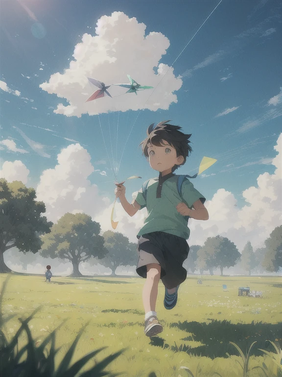 Wide sky and grass，The characters in the picture are very small，A young boy running on the lawn，Kite string in hand，Holding the kite high in the sky behind me。