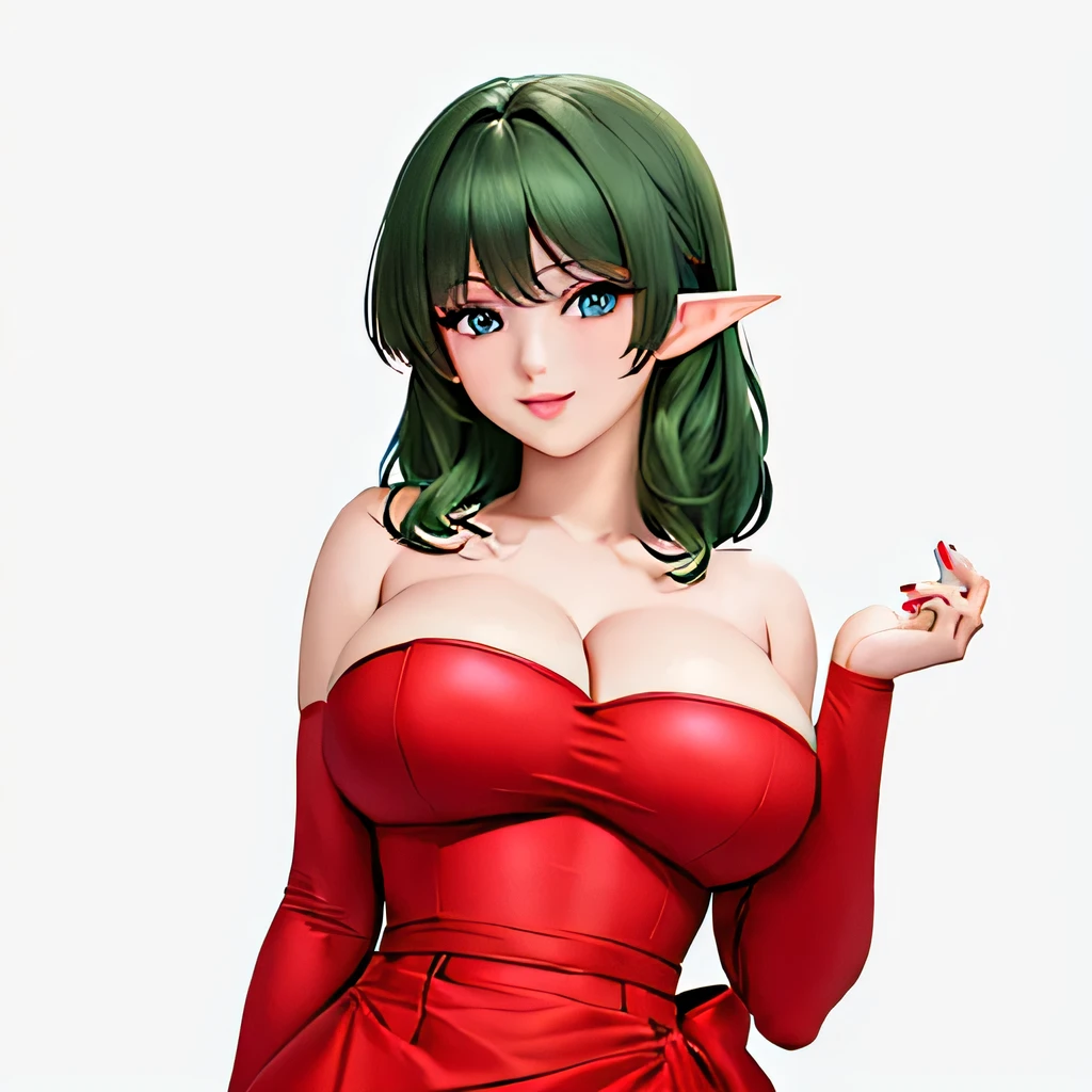  ((masterpiece,best quality,ultra-delicate,Perfect Face,16k,high resolution,very beautiful girl)),Medium short green hair:1.2, Red strapless bodycon tube dress ,Red long arm sleeves,wide red sash tied in a big red bow,Elf Girl,((huge Breasts:1.3)),blue eyes,Beautiful smile,20 years old