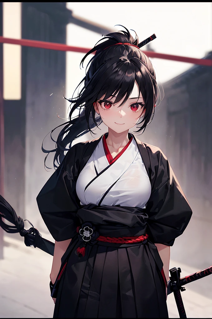 (masterpiece; best quality: 1.2), (finely detailed eyes: 1.3), ((25 year old woman)), ((solo)), (red eyes: 1.4), (body; lithe, slender, femenine: 1.3), (black hair in ponytail: 1.3), (beautiful and clear background: 1.2), ((depth of field)), (clothes: ronin attire + black hakama + black sash: 1.3), (anime illustration: 1.2), (background composition; kendo dojo + night time: 1.1), (extremely fine and beautiful: 1.1), (shot composition; standing + centered on torso + close-up: 1.5), (expression; calm, smile: 1.2)