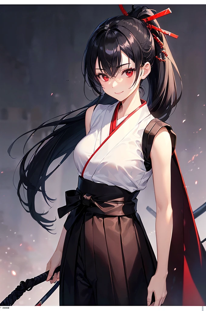 (masterpiece; best quality: 1.2), (finely detailed eyes: 1.3), ((25 year old woman)), ((solo)), (red eyes: 1.4), (body; lithe, slender, femenine: 1.3), (black hair in ponytail: 1.3), (beautiful and clear background: 1.2), ((depth of field)), (clothes: ronin attire + black hakama + black sash: 1.3), (anime illustration: 1.2), (background composition; kendo dojo + night time: 1.1), (extremely fine and beautiful: 1.1), (shot composition; standing + centered on torso + close-up: 1.5), (expression; calm, smile: 1.2)