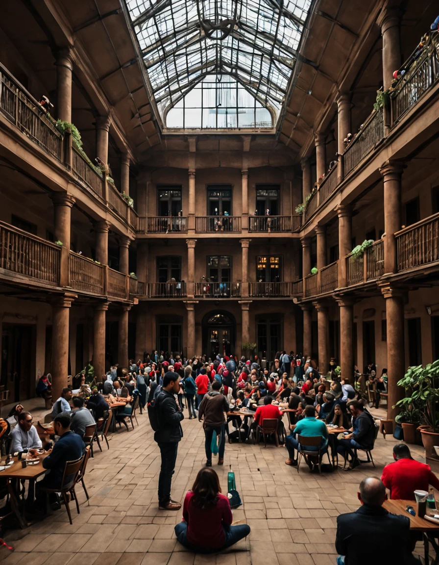 The courtyard is full of people