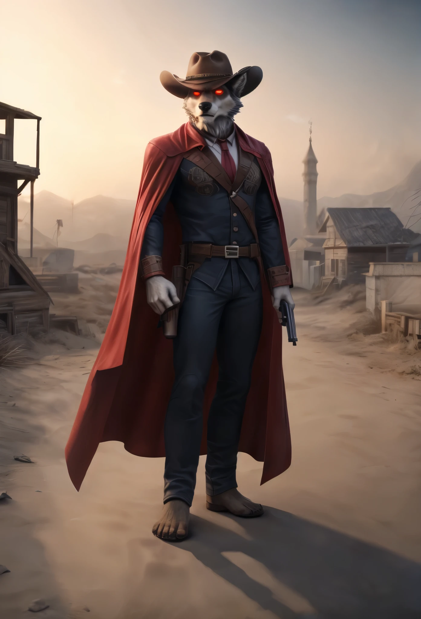 (((Barefoot furry character, full body, cinematic setting, furry male, plantigrade))) 

portrait, ((mysterious stranger black long fur wolf gunslinger)), ((holding smoking gun)), ((holding revolver)), abandoned town, alone ,strange, surreal, desolate, ghostly, eerie, lonely, solitude, short red cloak,red glowing eyes, fantastical, dangerous,night sky,red sky,  cinematic lighting, volumetric lighting, Film grain, cinematic film still, shallow depth of field, highly detailed, (western atmosphere), black cowboy hat

BREAK, intricate details, highly detailed, extreme detail, octane render, fine art, best quality, highres, (detailed face:1.5), ((full_body)), UHD, (((perfect hands))), low light