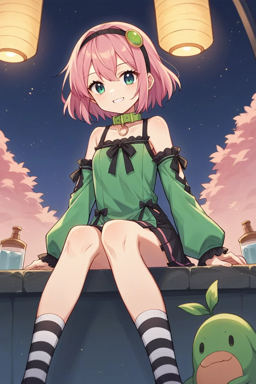 score_9, score_8_superior, sauce_anime, Blake 1girl tlrmomo, Pink Hair, hair ornaments, hair band, Black and green dress, Detachable collar, Removable sleeves, Black Skirt, Striped knee socks, Sitting, Night Sky, 屋superior, smile, I'm watching you