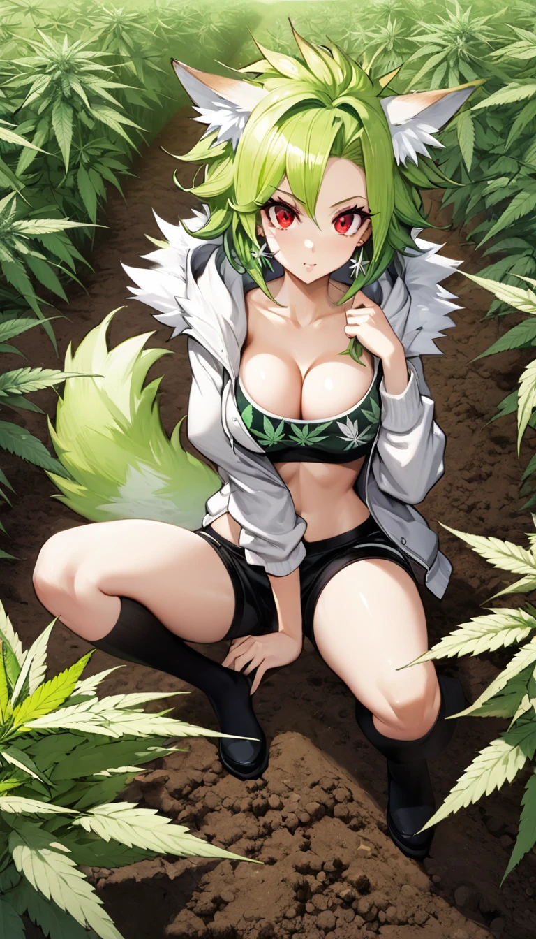 , Croped, , cleavage, slim waist, cropped hoodie underboob, cropped hoodieunderboobhoodie, 1girl, 2 wolf ears, wolf tail, marijuana crop hoodie, crop shorts, marijuana hoodie, spiky hair, spiky fur, green hair, red eyes,marijuana field, tight clothes, perfect eyes, perfect hands, clear resolution, full body, cleavage skin, marijuana plants, open hoodie, marijuana field, black thigh high socks, full body, earrings, 1girl, skirt, cleavage, slim waist, cleavage, slim waist, hair pulled back, big breast, round butt, slim waist, best quality, thick thighs, D-cup breast,