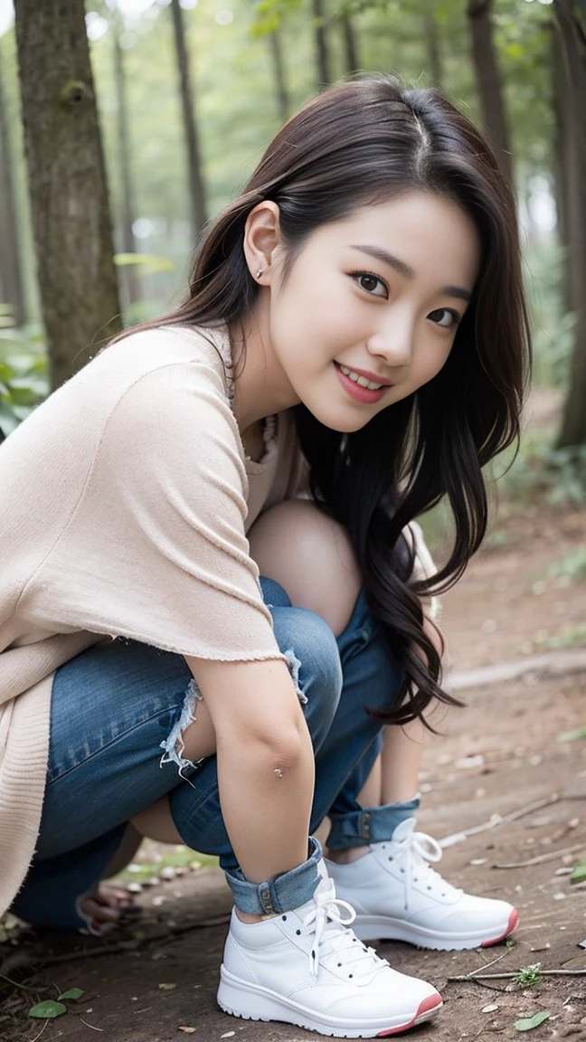 (A girl in the forest),Woman in jeans,Sexy hot dance,Full body shot:1.8(RAW photos,Ultra-high resolution,masterpiece,Best quality:1.4),Intricate details, 20 year old Asian girl,Wear tight underwear(Cultivation,Close to the body)And fashionable belly-baring jeans,Detailed clothing,Beach detail,A sweet smile appeared on the little face,The face is white and tender,Skin Whitening,Ultra-realistic facial details,Beautiful accessories,Playful and flirty pose,The calves are straight and thin:1.5,Wear high-end brand travel shoes:1.5,dusk,warm color,Wide lighting,Natural shadows,Take a full body photo:1.8