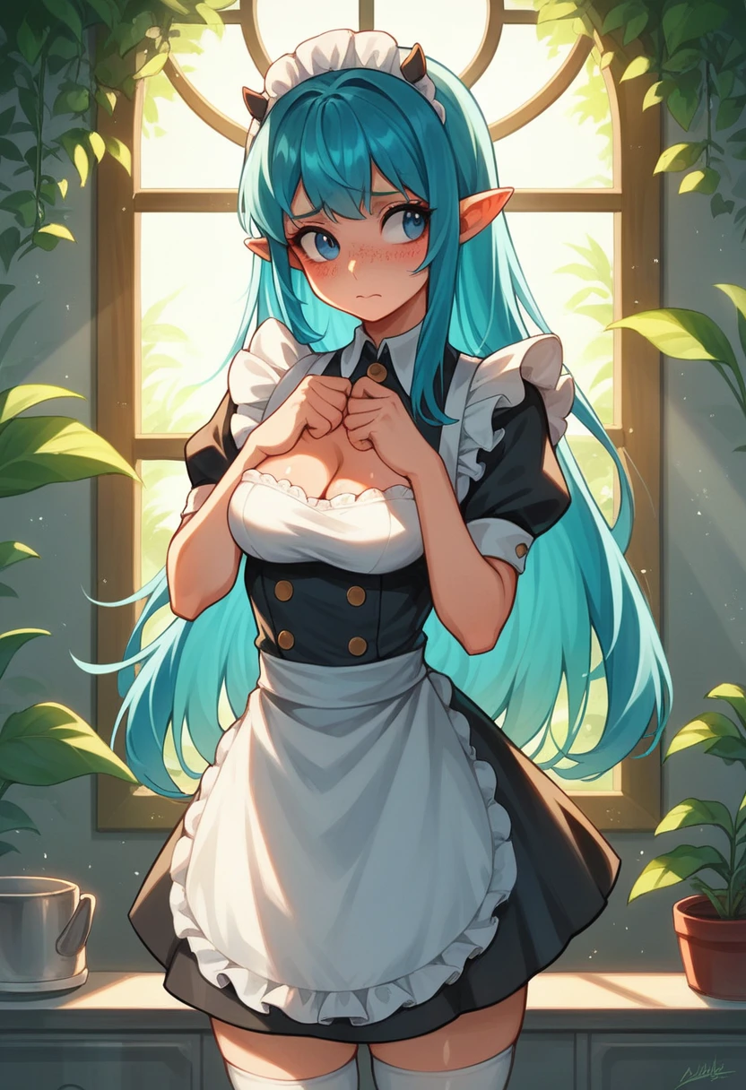 (score_9, score_8_up, score_7_up), 23 year old, lum, solo, long hair, bangs, blue hair, blue eyes, tiny horns, pointy ears, aqua hair, eyeshadow, perky breasts, cleavage, pretty face, , looking away, blushing, embarrassed, shiny skin, cute pose, light freckles, sexy black and white maid outfit with skirt and thighhighs, sexy pose, detailed background, kitchen background, decorative plants sunrise in window, god rays, volumetric lighting, vivid colours, lilandavastyle, OverallDetail, Expressiveh, volumetric lighting style, full body shot, perfect fingers, perfect hands,