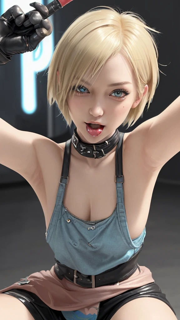 rock girl, rebel, with short blonde hair , selfie close up, sticking out tongue, winked an eye