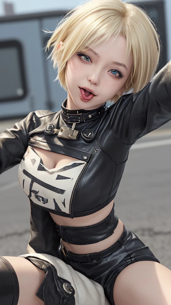 rock girl, rebel, with short blonde hair , selfie close up, sticking out tongue, winked an eye