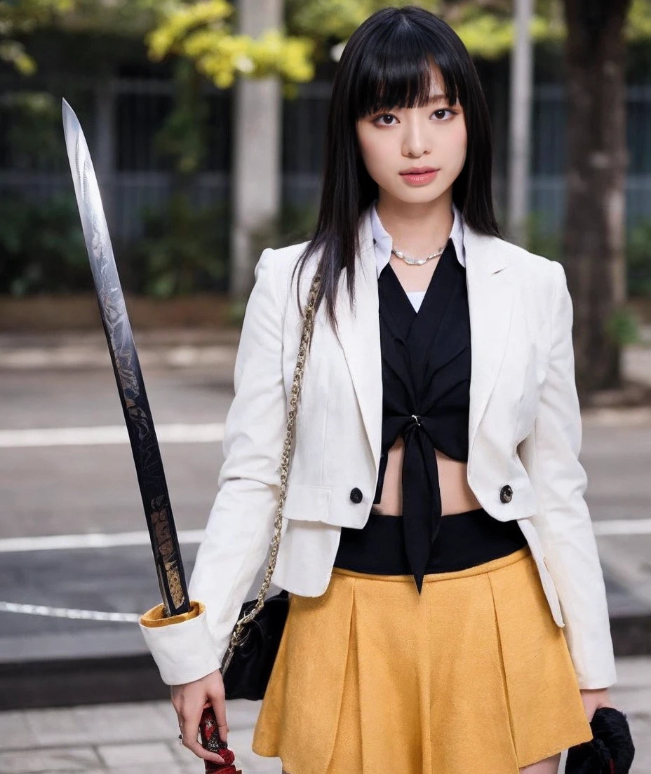 She is a pure Japanese beauty、Cool Beauty、Beautiful face like a model、A perfect face without any stretching、High school girl sailor suit、Blazer top uniform with super mini skirt underneath、delicate, masterpiece, beautiful detailed, finely detailed, intricate details, (realistic:1.2), (flattering light:1.2), (film noise:1.4), (full body), (girl examining artifact), (relic on display), One Girl、movie Kill Bill、Go Go Yubari、Actress Chiaki Kuriyama、Cool appearance: Go Go Yubari has a cool, emotionless appearance。Her eyes are sharp、The hair is long and black、The bangs are cut above the eyebrows、The uniform is a blazer.、I'm a high school studll with a chain attached to an iron ball: Her weapon is a Go-go ball with a chain attached to an iron ball。This is representative of her fighting style.。
Dynamic fighting poses: Go Go Yubari takes dynamic poses during battle。Her actions are powerful。
Kill Bill's boss's henchman: Go Go Yubari appears as a minion to Bill, the boss of Kill Bill.。She fights faithfully following Bill's orders.。
(((Do not carry a Japanese sword))): (((Go Go Yubari does not have a Japanese sword)))。Instead, they fight using a ball on a chain、Go-Go Balls、Ruthless character: She is cold and unemotional。I'm the type of person who will do anything to get the job done.。
He has earned Bill's trust.: Go Go Yubari is trusted by Bill.、I work as his right hand man.。
Combat Professional: She is a Combat Professional、His skill is very high
Spooky atmosphere: Go Go Yubari