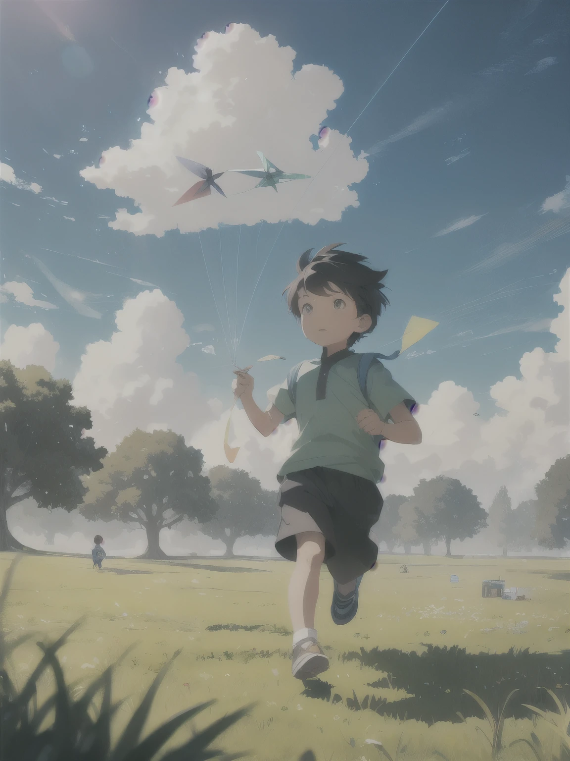 Wide sky and grass,The characters in the picture are very small,A young boy running on the lawn,Kite string in hand,Holding the kite high in the sky behind me。