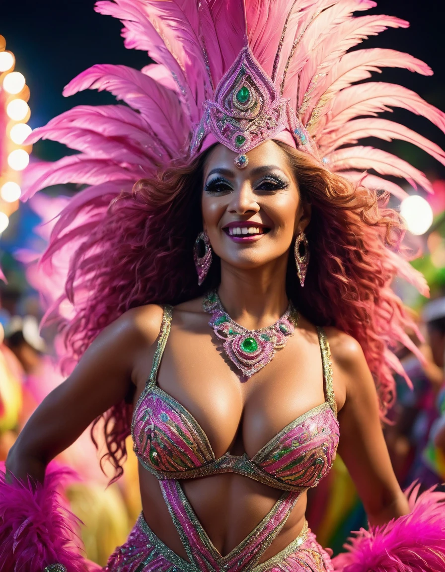 high resolucion, Masterpiece, Best Quality, ((Hasselblad photo)), Sharp focus, (Cinematic lighting), Soft lighting, Dynamic Angle, girls, Mature Brazilian woman, (Wearing a samba dance dress:1.2), carnival, Samba dress, fine detailed skin, Very long wavy pink hair, Highly depink tailed hair, high heels,large full breasts,a narrow waist,bare belly,sparkly skin,intricate detail, ((Cinematic light)), , Brazil, carnival, Colors, 8K