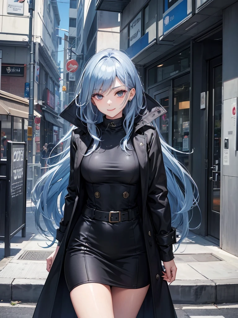 woman, long curry wavy steel blue hair, dark gray black eyes, independent woman, kind smile. mature woman. mafia. wear jacket. girl boss. doctor.