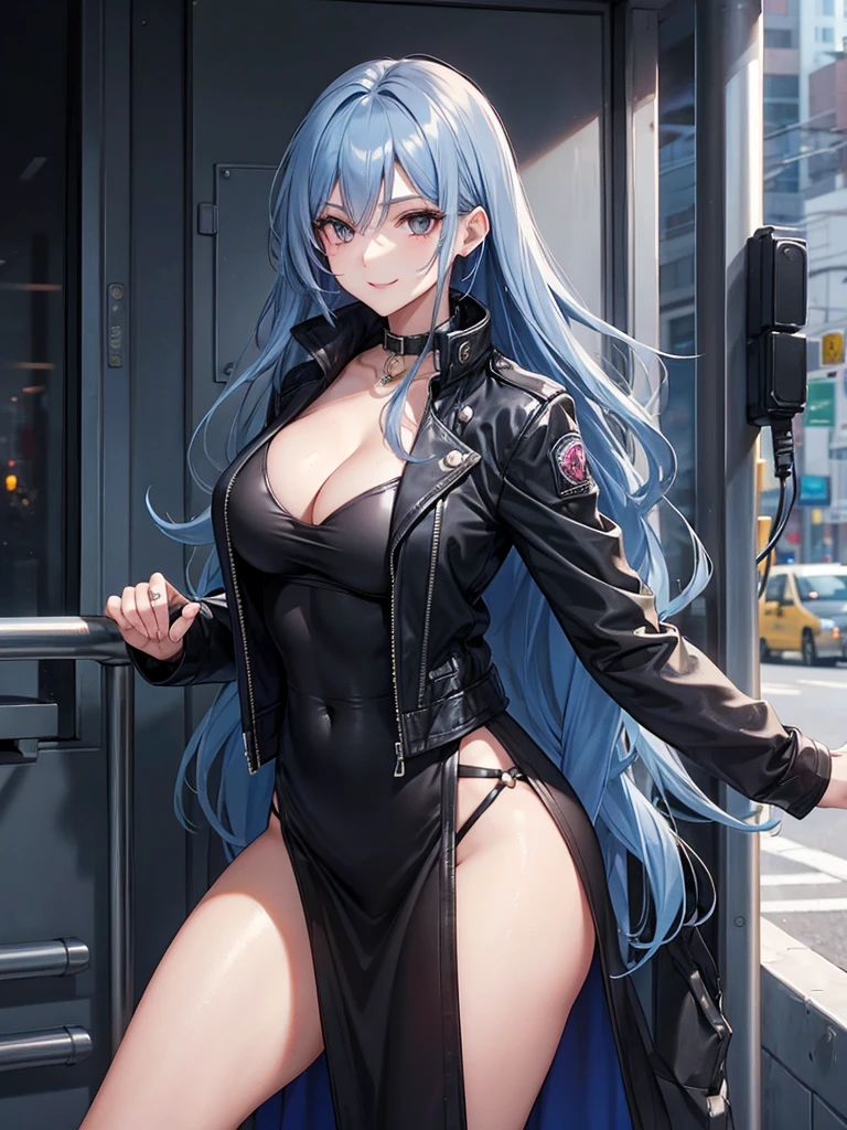 woman, long curry wavy steel blue hair, dark gray black eyes, independent woman, kind smile. mature woman. mafia. wear jacket. girl boss. doctor.