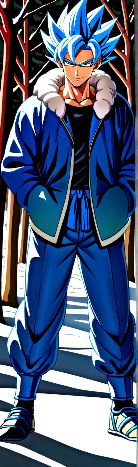 1 man, mid 20s, handsome, hot, (Saiyan spiky hair),(Silver blue ombre hair), (Blue jacket with fluffy hood, blue belt, martial arts pants), snowy forest, ray tracing, (hands in pockets, slight smile)