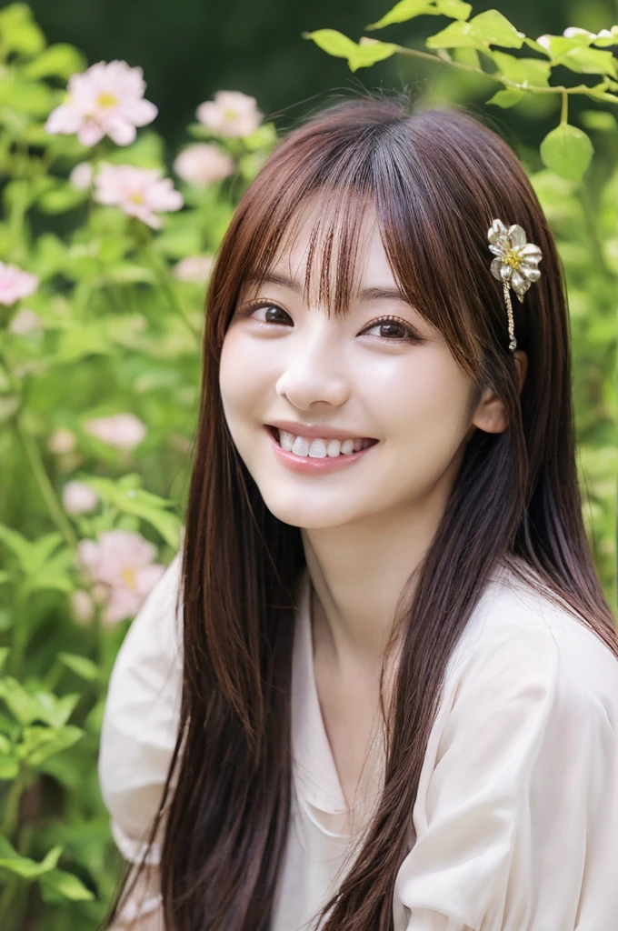 Minami Hamabe,(highest quality,16k,High resolution:1.2),Dark brown long hair,Girls in their 20s,Very detailed,One Girl,A beautiful 26 year old woman,(Minami Hamabe:1.3),(smile),garden,(high quality,ultra detailed,best quality,masterpice,4k,taken by nikon d750:1.0)