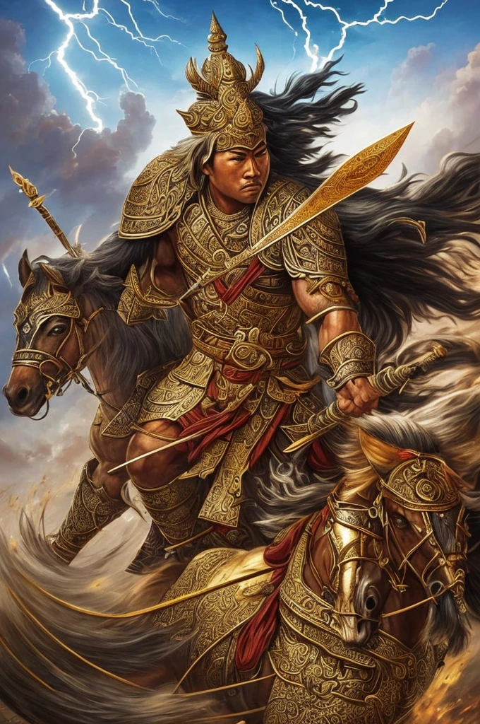 ((best quality)), ((masterpiece)), (detailed), create very detailed images of A powerful warrior in Javanese mythology, associated with thunder and lightning, and renowned for his strength and bravery. He is often depicted as a fierce warrior who defends people from danger, and his stories are full of epic battles and heroic feats.