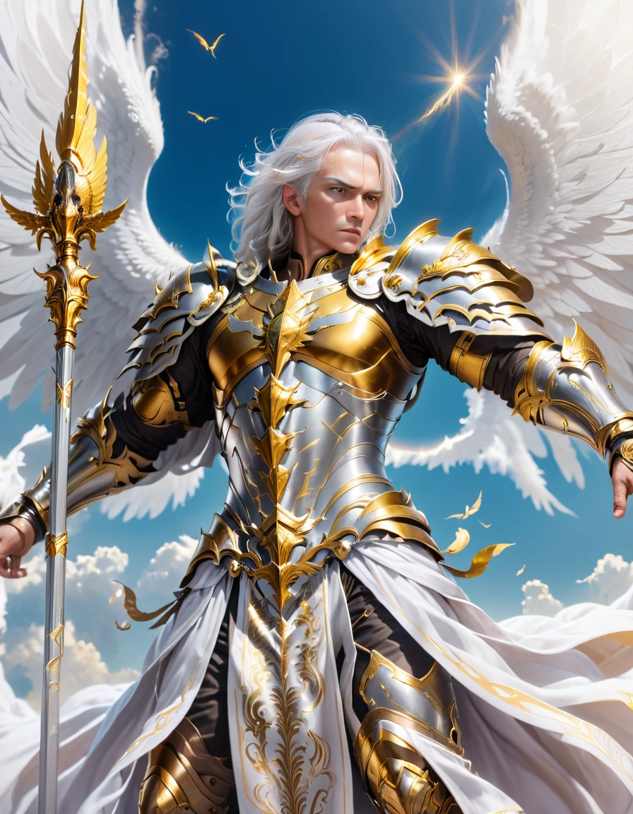 A god with golden armor. With furious wings. Fly in the sky. White hair. Men. A staff in his hand. 