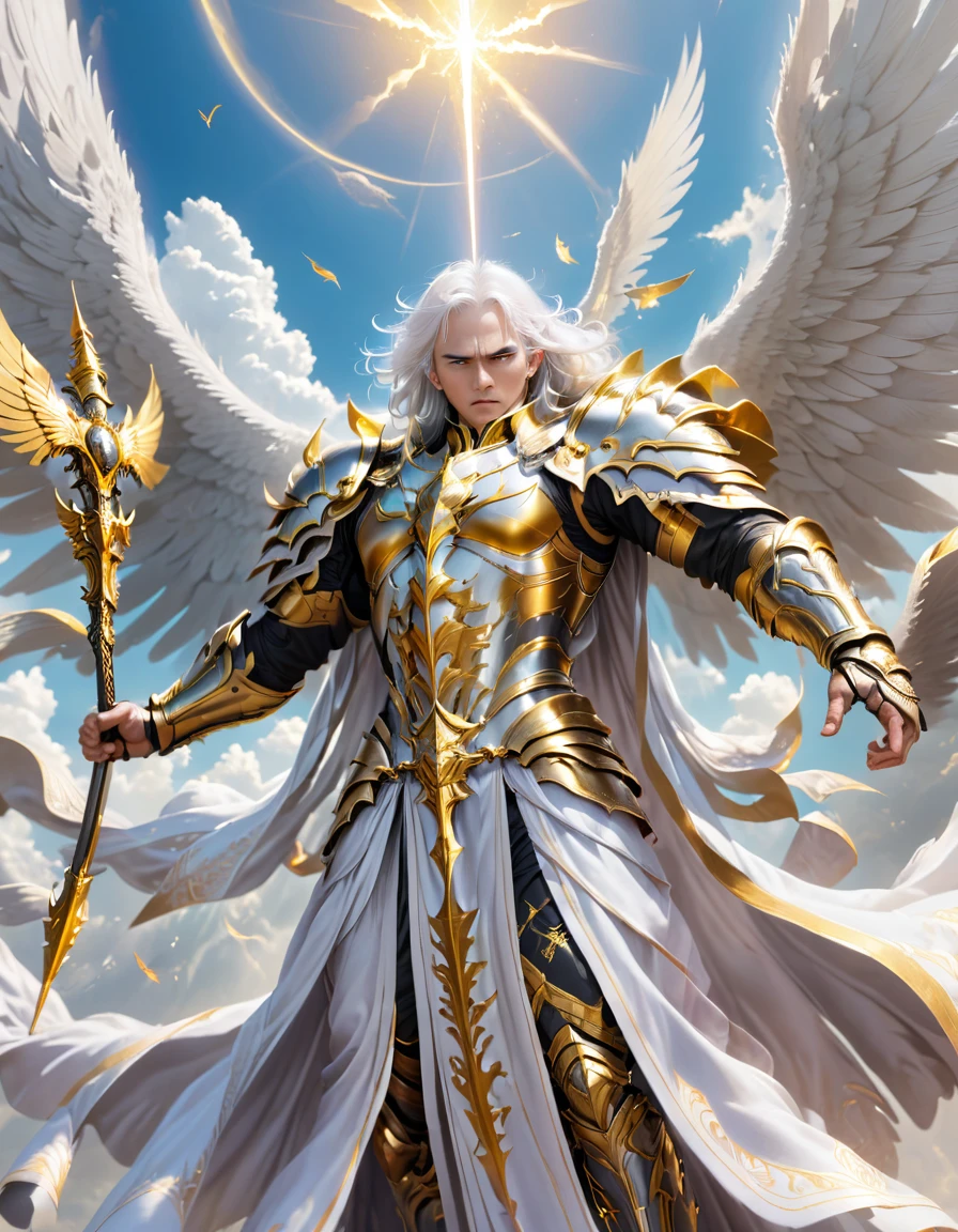 A god with golden armor. With furious wings. Fly in the sky. White hair. Men. A staff in his hand. 