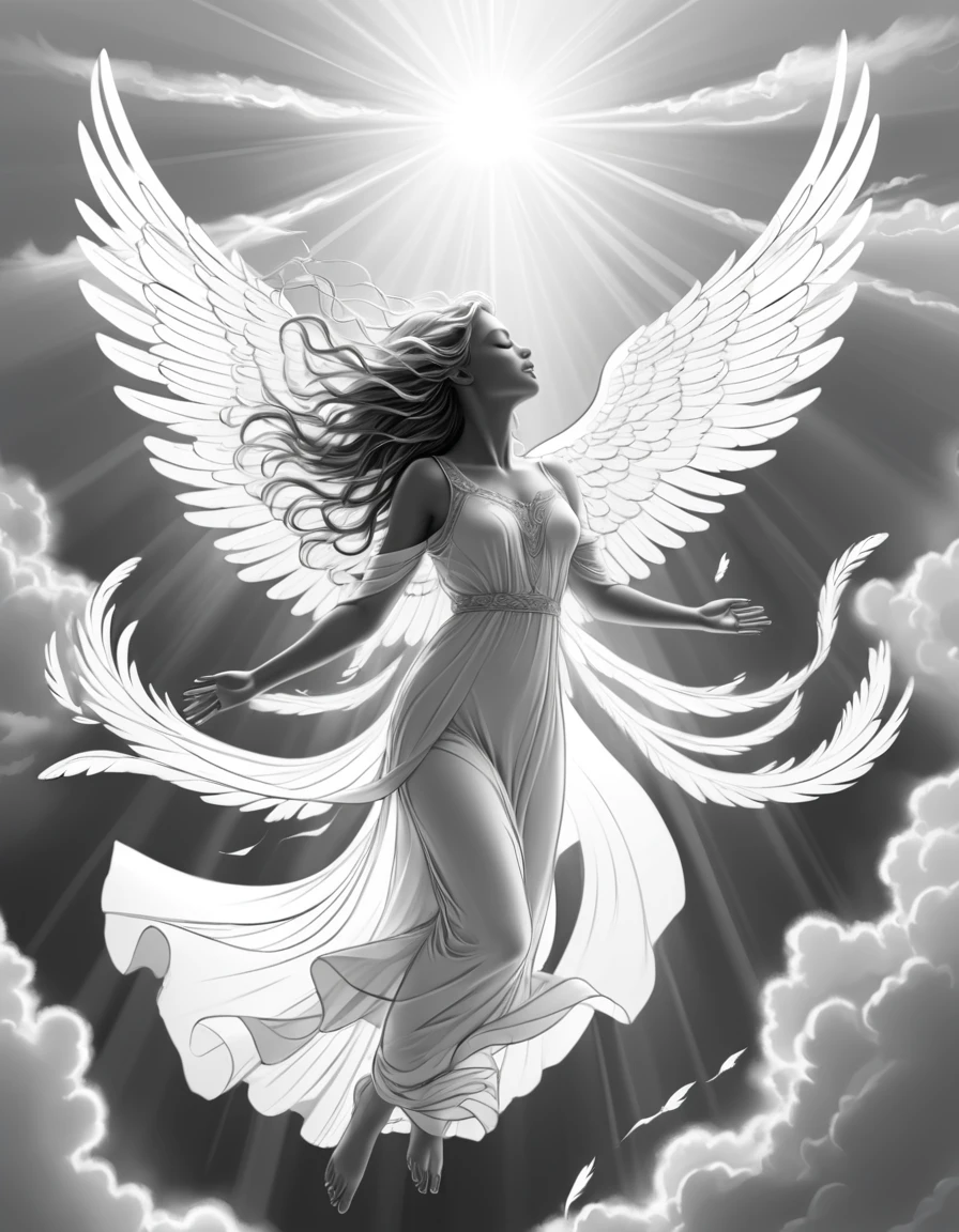 ((sketch, lineart)), Line art of an angel falling gracefully through the sky. The angel's wings are spread wide, with feathers detailed in elegant, flowing lines. Her hair streams behind her as she falls, and her expression is serene and peaceful. The background is filled with swirling clouds and rays of light, giving the scene a sense of calm and beauty. Intricate details, flowing lines, serene atmosphere, graceful elements.