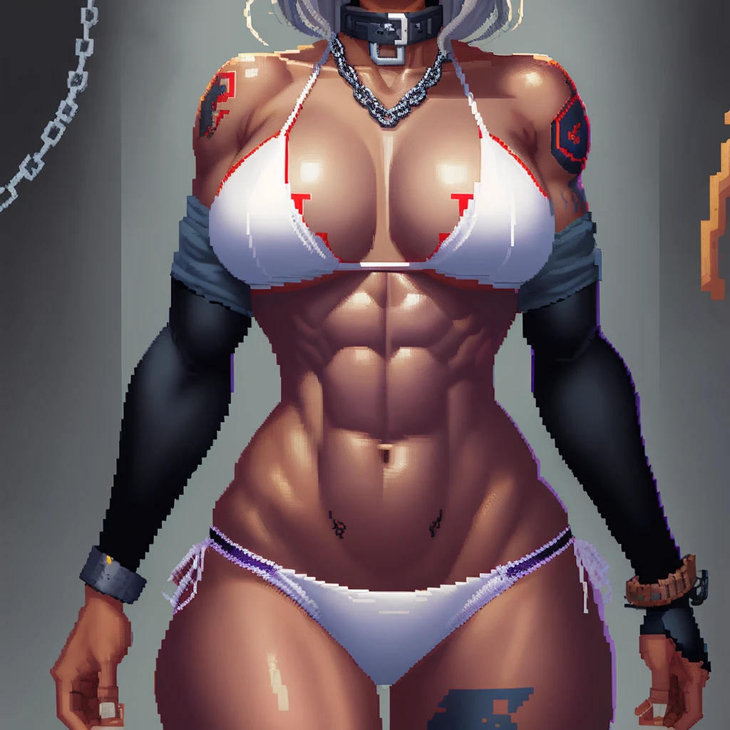 ((pixel art))((1 girl)) whole body, standing, gray skin, drow, elf, maduro, purple eyes, by white, black bikini, ABS, Large knockers, tattered rags, chain collar, stomach tattoo (red tattoo)